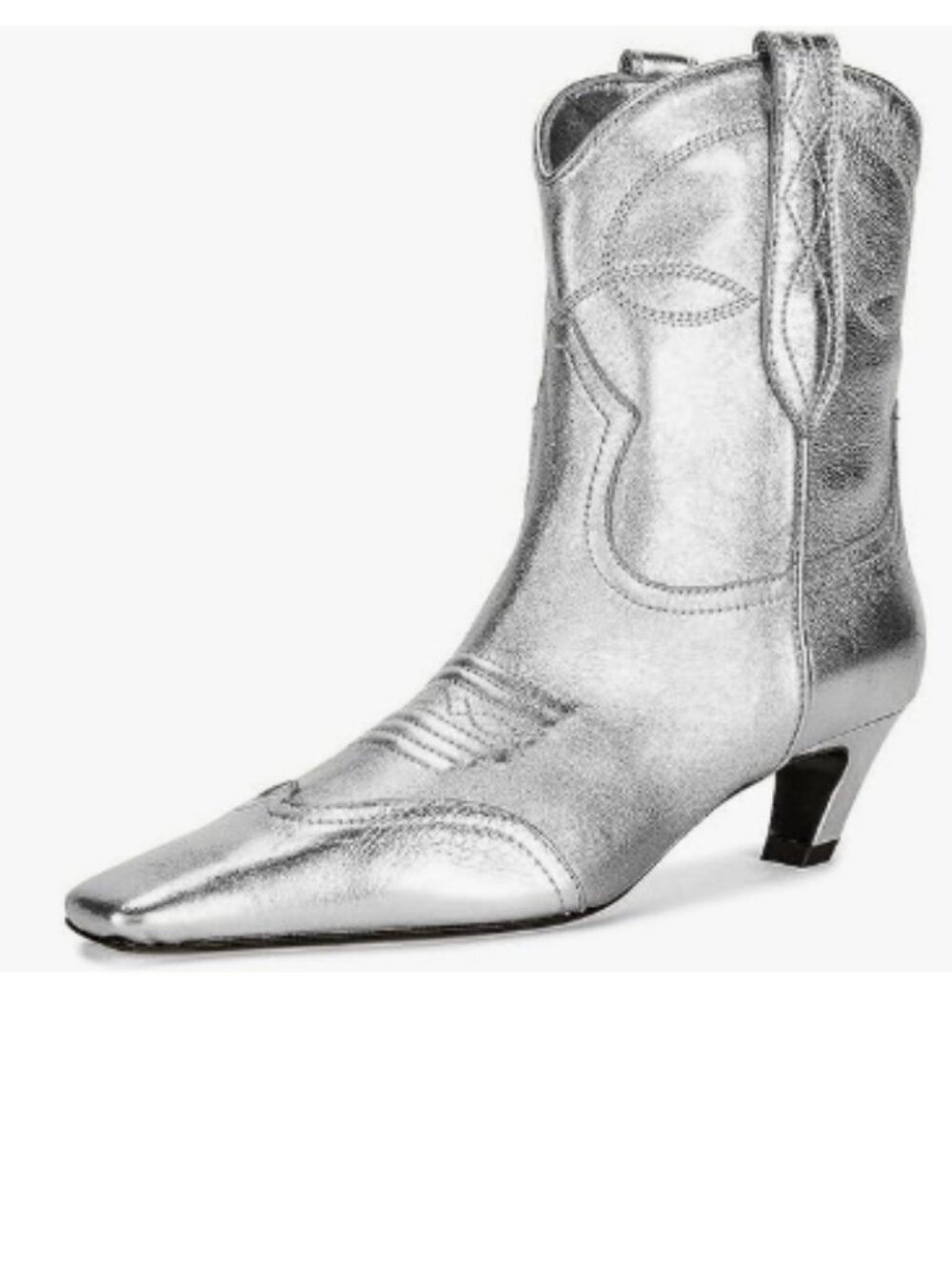 FSJ Silver Square Toe Comfort Kitten Low Heel Ankle Boot Pull On Bootie